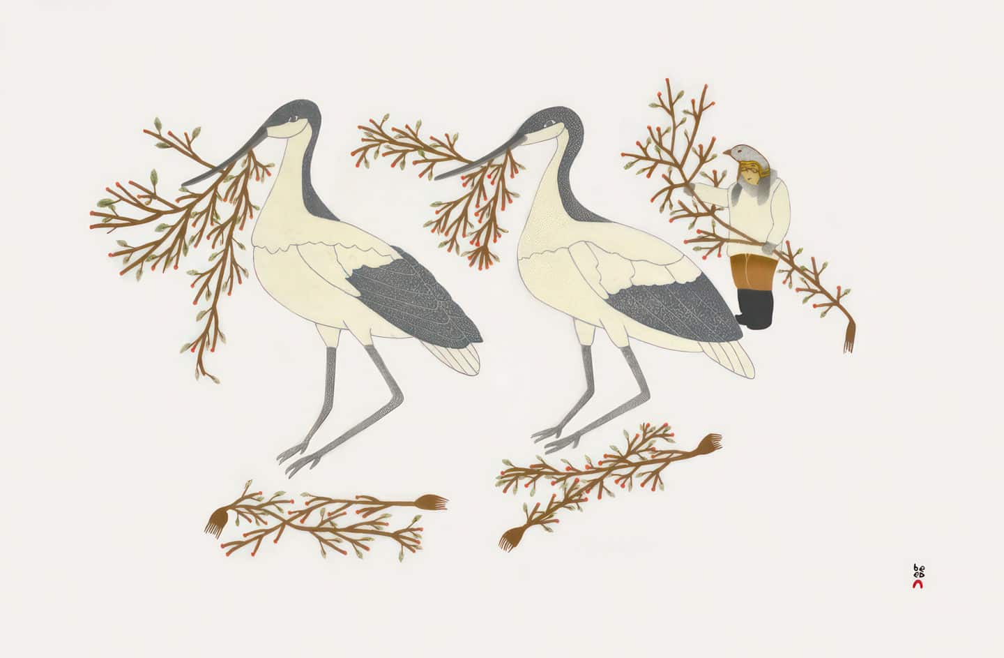 Qavavau Manumie, Collecting Berries, 2022, 24⅜×38 in stonecut & stencil
